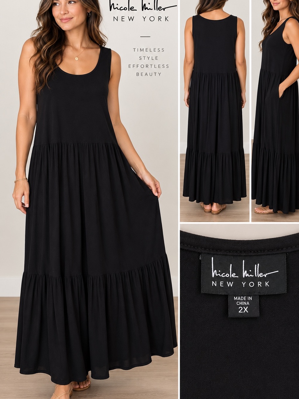 Nicole Miller New York Black Tiered Maxi Dress 2X NWT Sleeveless